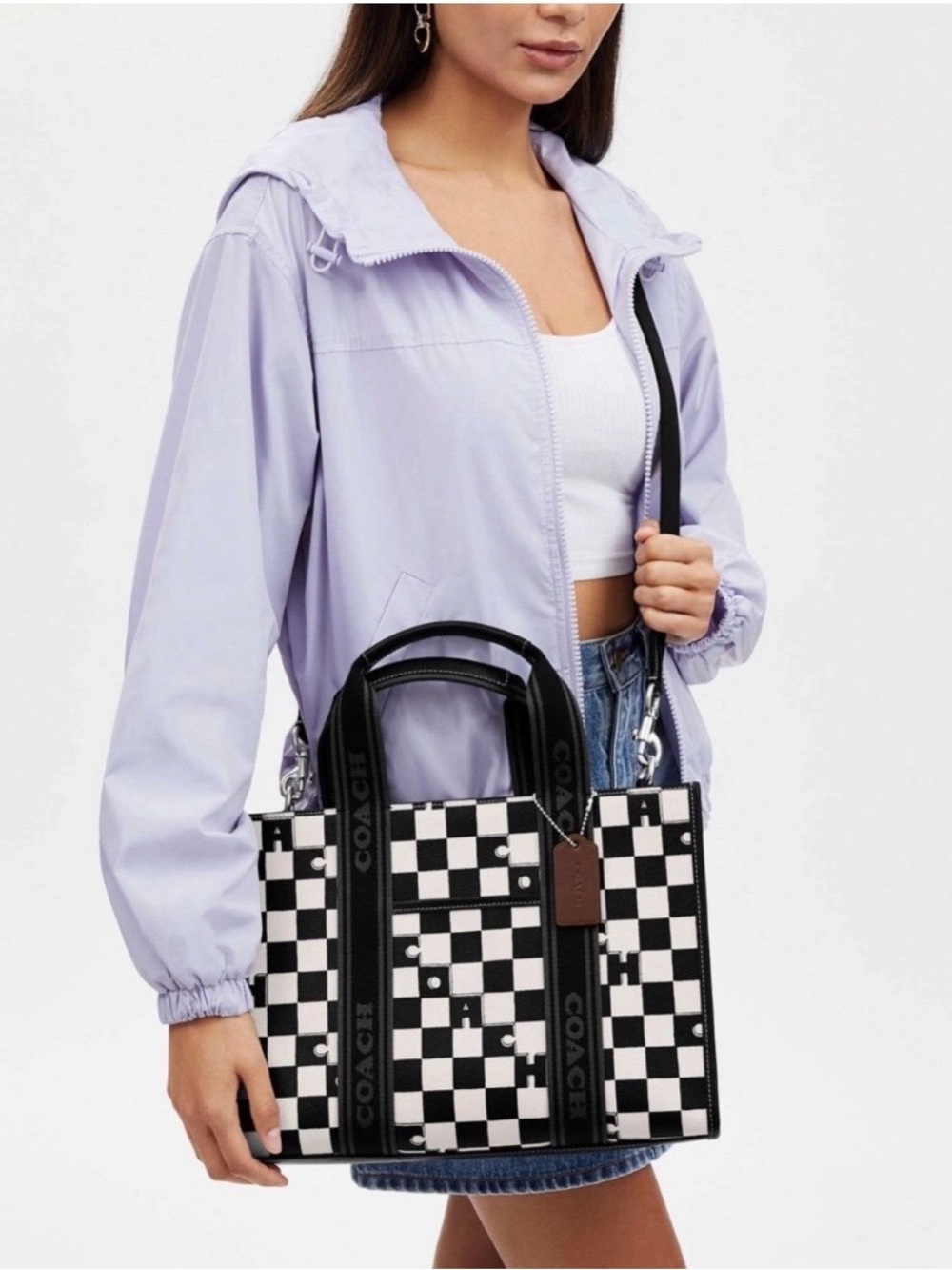 Coach Black & White Checker Tote with Pink Cherry Charm NWOT retail $528.00 - Picture 7 of 9